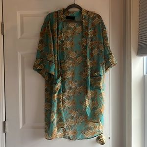 A Anthropologie kimono duster, light blue floral pattern,size All